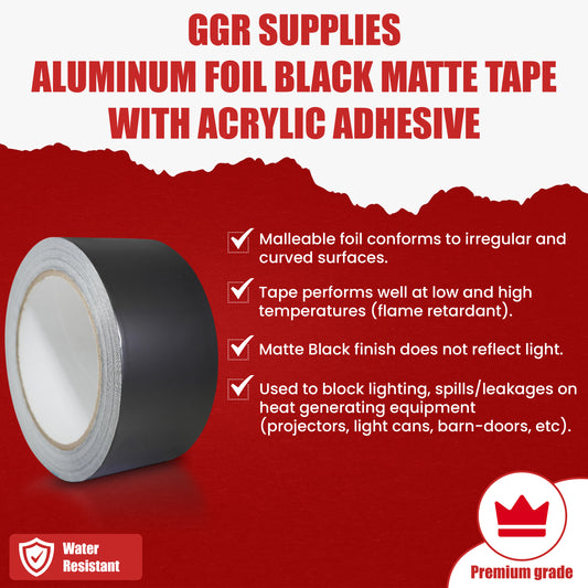 GGR Supplies AF-22A-B Aluminum Foil Black Matte Tape Non Reflective with Acrylic Adhesive. (2" X 27 Yards (25Mts)