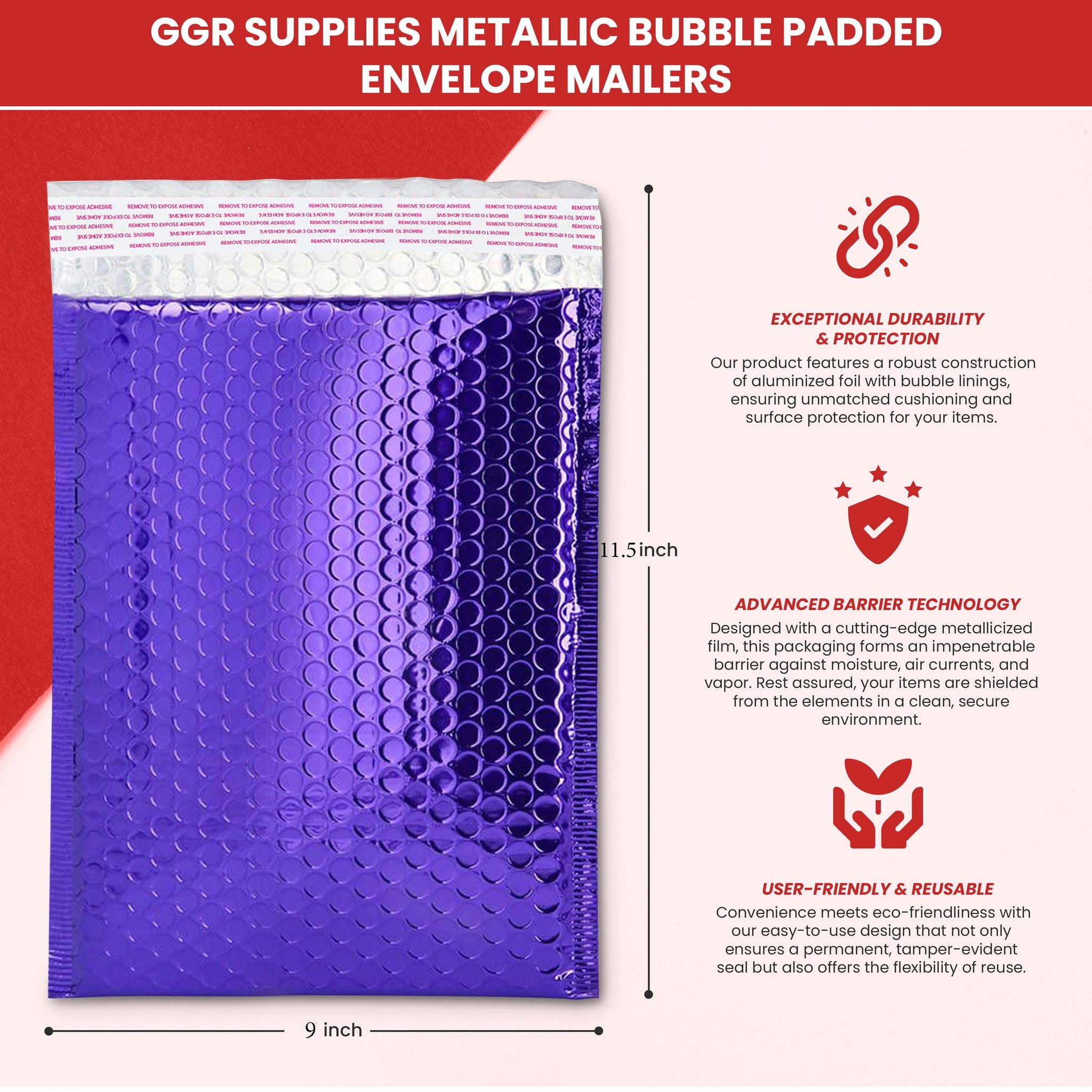 GGR Supplies Metallic Bubble Padded Envelope Mailers, 9 X 11.5 Inches, Waterproof Ultra Resistant Ideal For Packing, Shipping, and Storing. Pack of 25